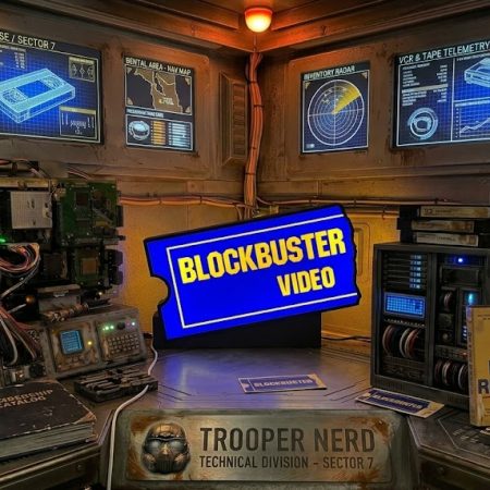 Trooper Nerd custom 3D printed LED lightbox featuring Blockbuster Video with glowing blue and yellow details