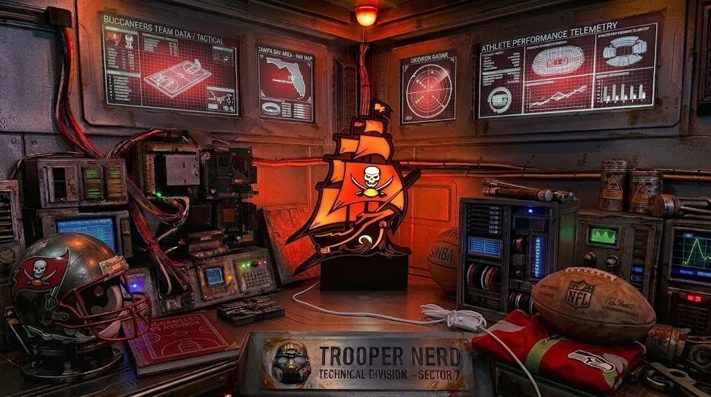 Trooper Nerd custom 3D printed LED lightbox featuring Tampa Bay Buccaneers Pirate Ship with glowing red and orange details