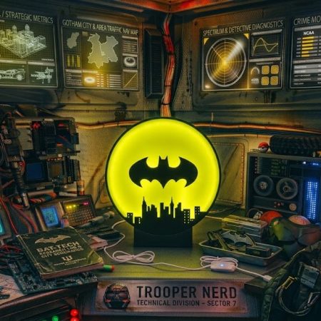 Trooper Nerd custom 3D printed LED lightbox featuring Batman Bat-Signal with glowing bright yellow and golden details