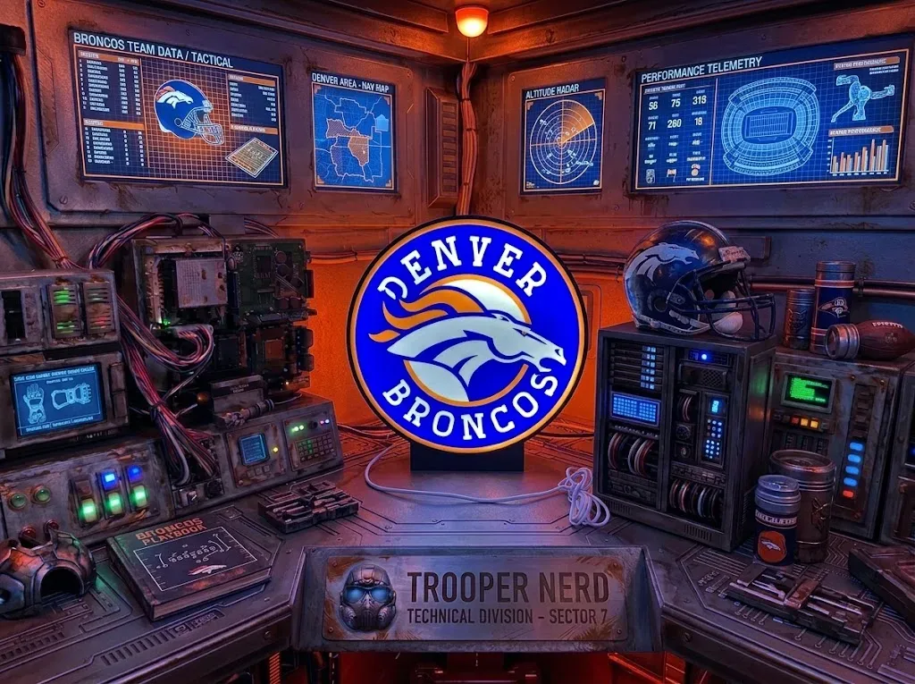 Trooper Nerd custom 3D printed LED lightbox featuring Denver Broncos logo with glowing blue and orange details