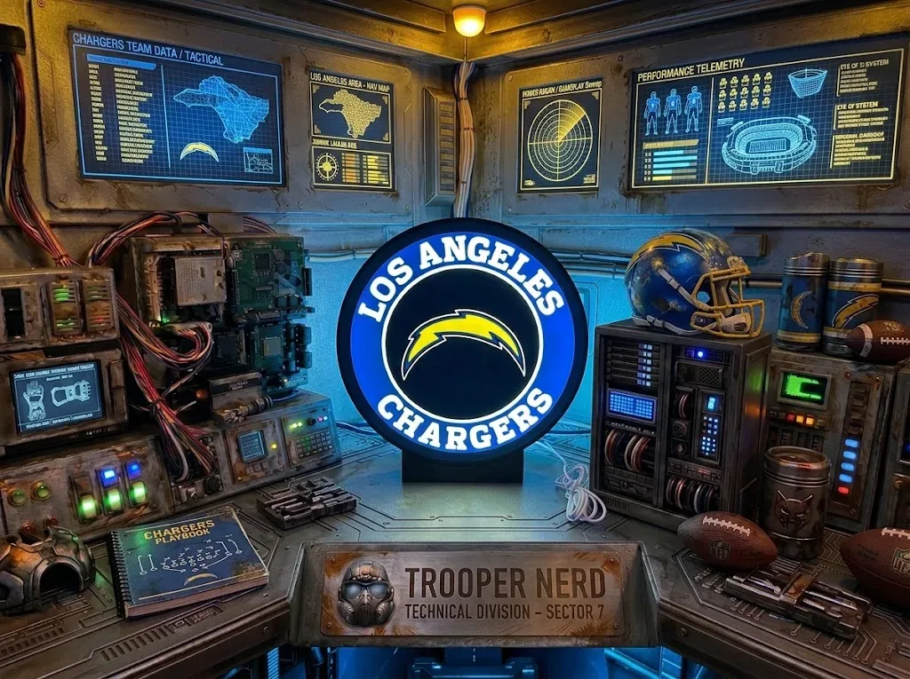Trooper Nerd custom 3D printed LED lightbox featuring Los Angeles Chargers logo with glowing blue, yellow, and white details