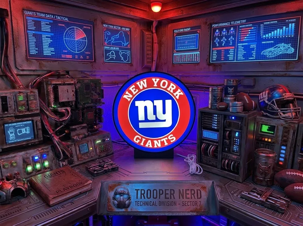 Trooper Nerd custom 3D printed LED lightbox featuring New York Giants logo with glowing blue and red details