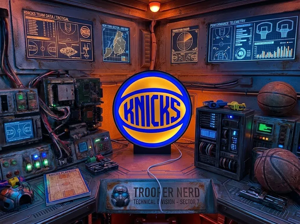 Trooper Nerd custom 3D printed LED lightbox featuring New York Knicks with glowing orange and blue details