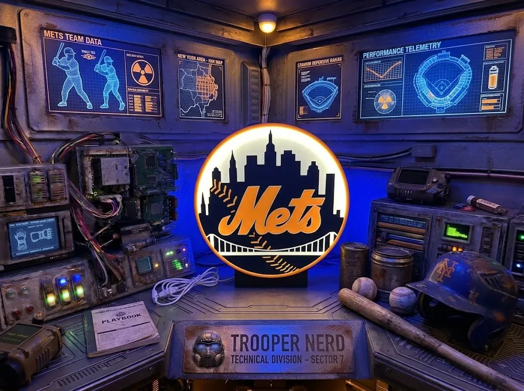 Trooper Nerd custom 3D printed LED lightbox featuring New York Mets logo with glowing orange and white details