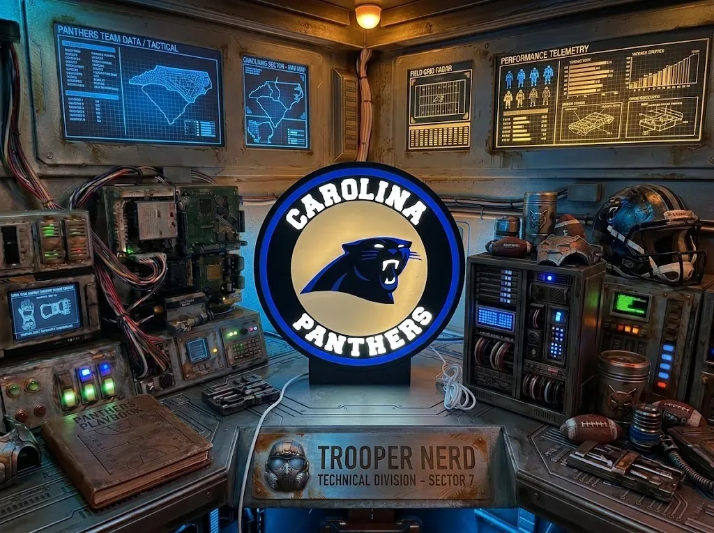 Trooper Nerd custom 3D printed LED lightbox featuring Carolina Panthers with glowing blue and white details