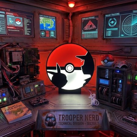 Trooper Nerd custom 3D printed LED lightbox featuring Pokémon Ash and Pikachu Poké Ball design with glowing red and white details