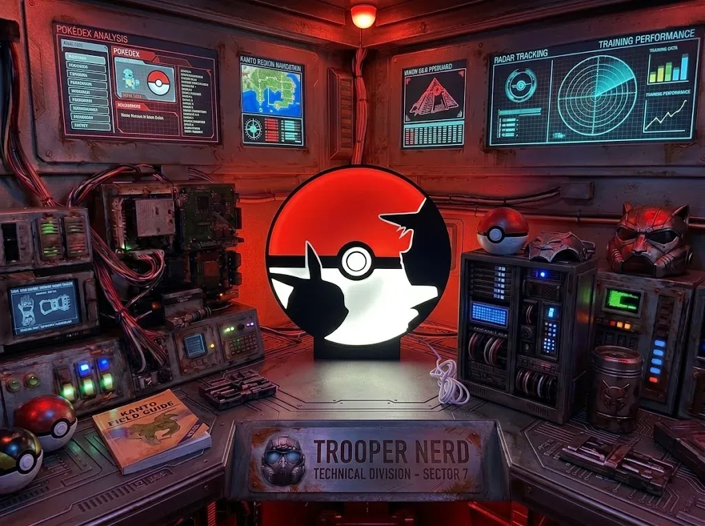 Trooper Nerd custom 3D printed LED lightbox featuring Pokémon Ash and Pikachu Poké Ball design with glowing red and white details