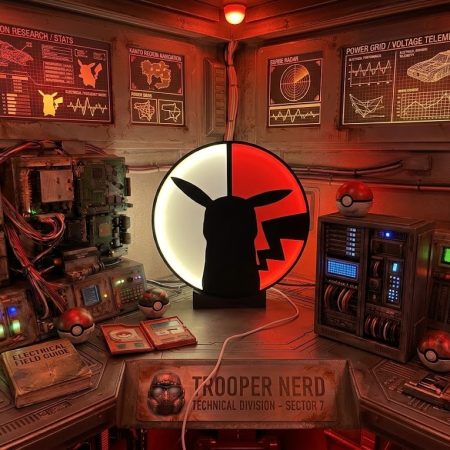 Trooper Nerd custom 3D printed LED lightbox featuring Pikachu Pokéball Silhouette with glowing red and white details