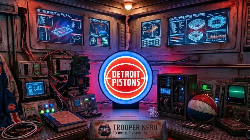 Trooper Nerd custom 3D printed LED lightbox featuring Detroit Pistons logo with glowing blue and red details