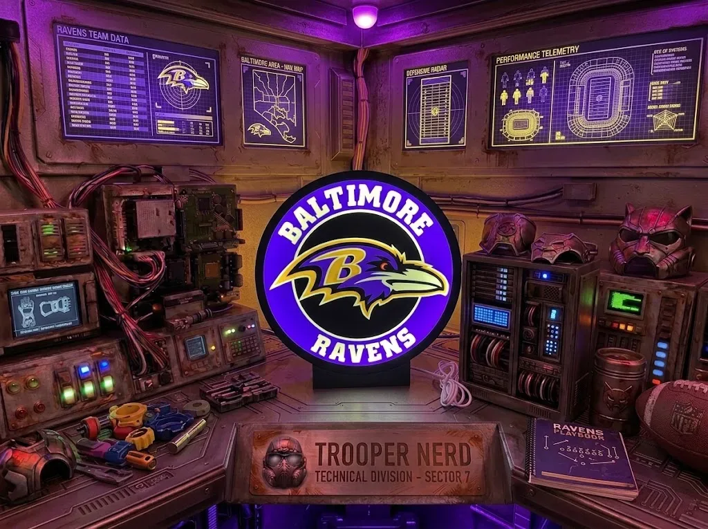 Trooper Nerd custom 3D printed LED lightbox featuring Baltimore Ravens logo with glowing purple and gold details