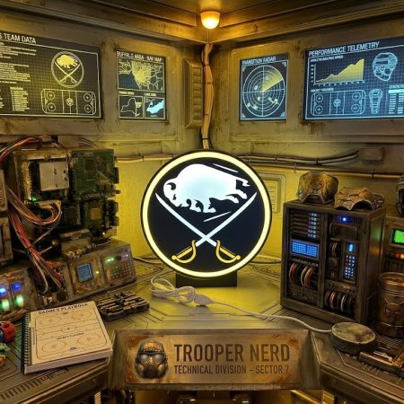 Trooper Nerd custom 3D printed LED lightbox featuring Buffalo Sabres logo with glowing white and gold details