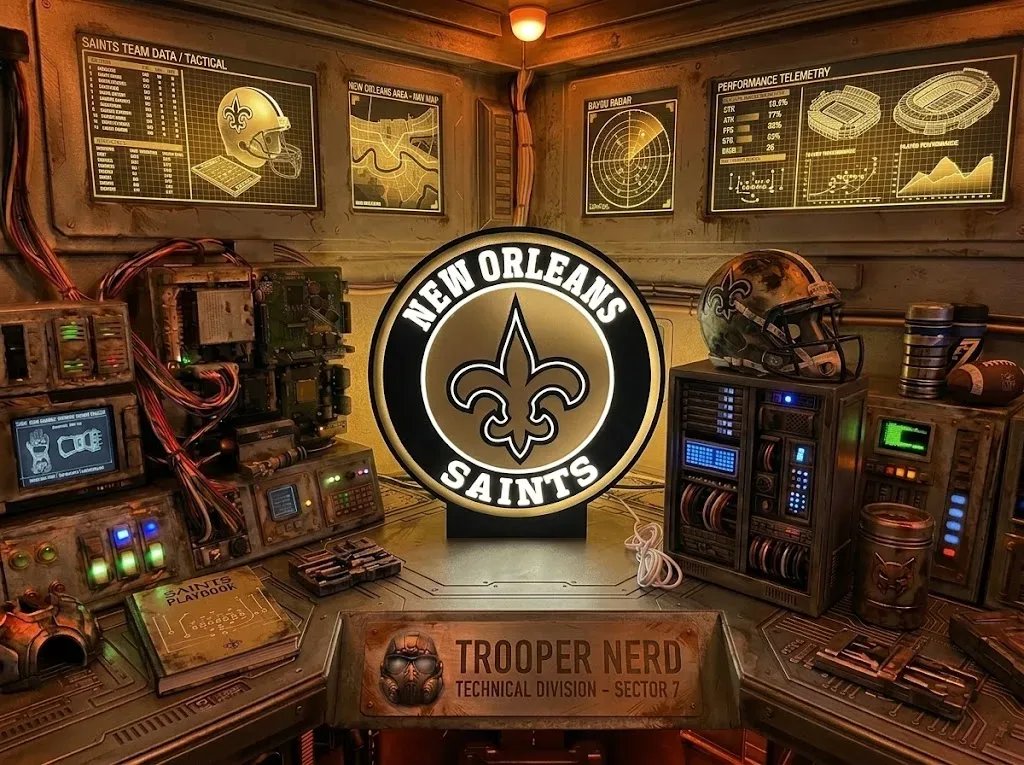 Trooper Nerd custom 3D printed LED lightbox featuring New Orleans Saints with glowing gold and white details