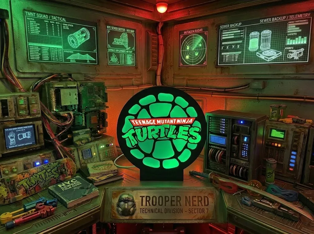 Trooper Nerd custom 3D printed LED lightbox featuring Teenage Mutant Ninja Turtles shell logo with glowing green and red details