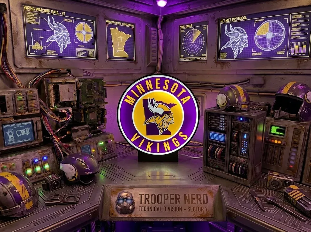Trooper Nerd custom 3D printed LED lightbox featuring Minnesota Vikings logo with glowing purple and gold details