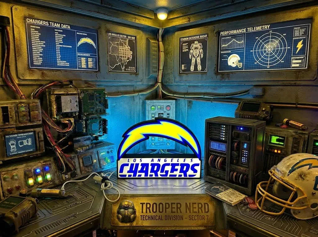 Trooper Nerd custom 3D printed LED lightbox featuring Los Angeles Chargers with glowing yellow and powder blue details