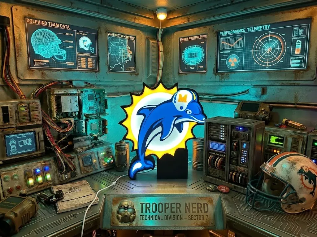 Trooper Nerd custom 3D printed LED lightbox featuring Miami Dolphins classic logo with glowing aqua blue and sunburst yellow details