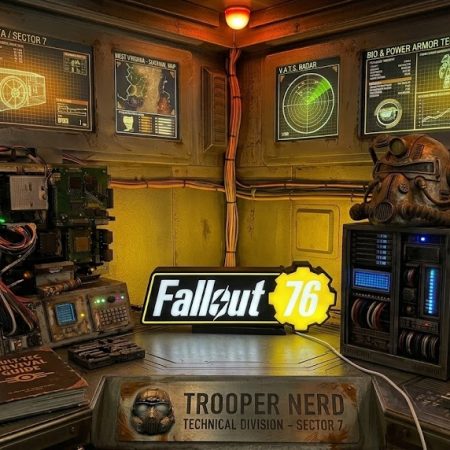 Trooper Nerd custom 3D printed LED lightbox featuring Fallout 76 logo with glowing white and yellow details
