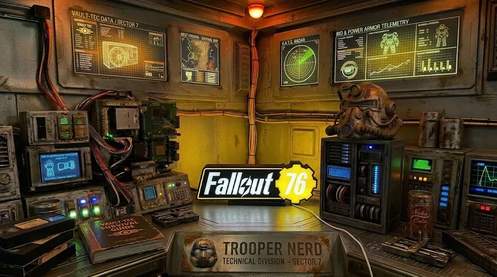 Trooper Nerd custom 3D printed LED lightbox featuring Fallout 76 logo with glowing white and yellow details