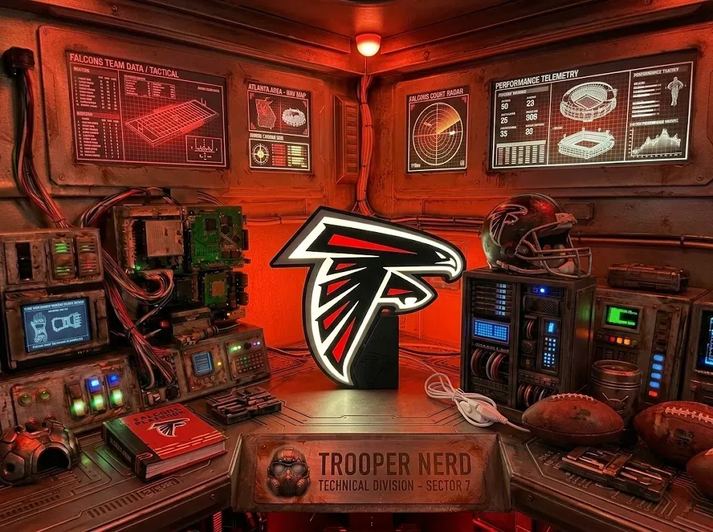 Trooper Nerd custom 3D printed LED lightbox featuring Atlanta Falcons logo with glowing red and white details
