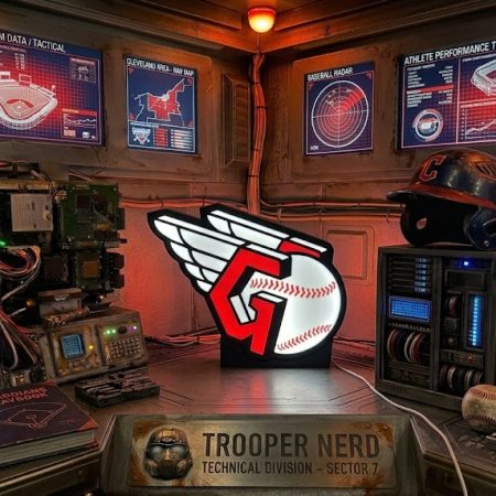 Trooper Nerd custom 3D printed LED lightbox featuring Cleveland Guardians Winged G logo with glowing red and white details