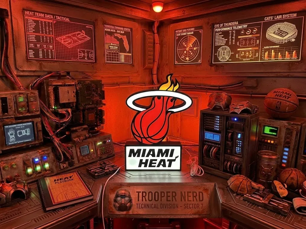 Trooper Nerd custom 3D printed LED lightbox featuring Miami Heat logo with glowing red and white details