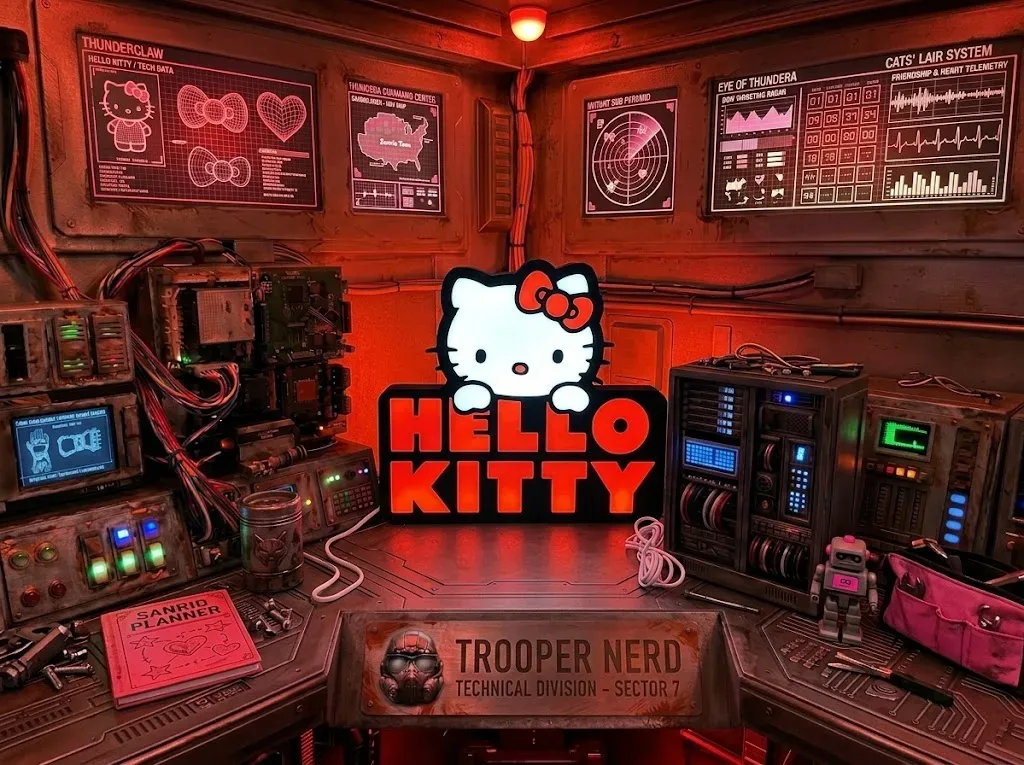 Trooper Nerd custom 3D printed LED lightbox featuring Hello Kitty with glowing white and red details