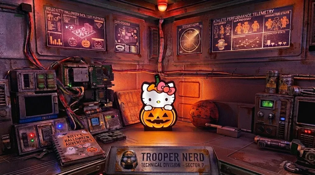 Trooper Nerd custom 3D printed LED lightbox featuring Hello Kitty inside a Halloween pumpkin with glowing orange and white details