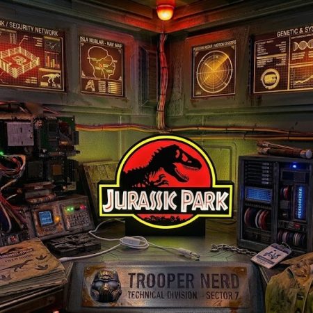 Trooper Nerd custom 3D printed LED lightbox featuring Jurassic Park Logo with glowing red and yellow details