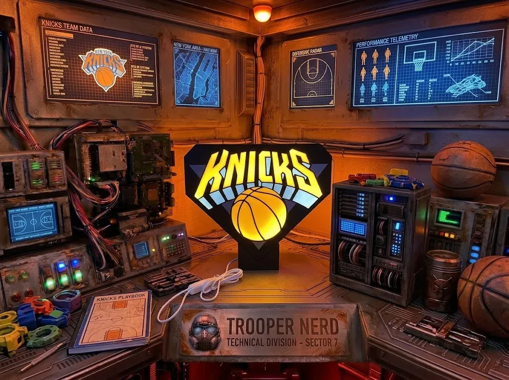 Trooper Nerd custom 3D printed LED lightbox featuring New York Knicks logo with glowing orange and blue details