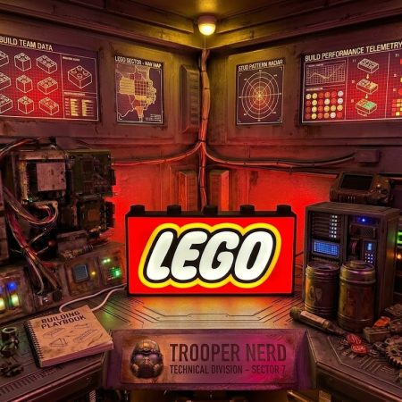 Trooper Nerd custom 3D printed LED lightbox featuring LEGO logo with glowing red, yellow, and white details