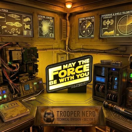 Trooper Nerd custom 3D printed LED lightbox featuring May The Force Be With You with glowing warm white and yellow details