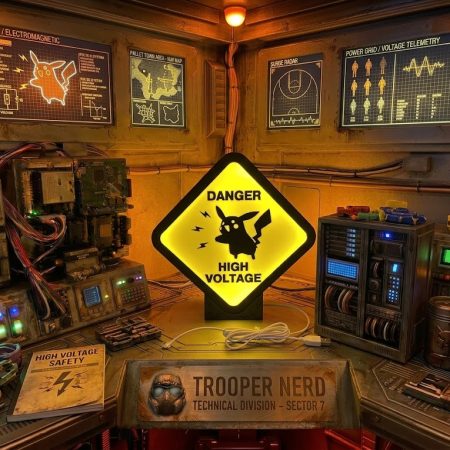Trooper Nerd custom 3D printed LED lightbox featuring Pikachu Danger High Voltage warning sign with glowing electric yellow and amber details
