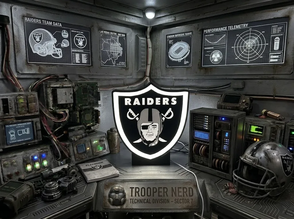 Trooper Nerd custom 3D printed LED lightbox featuring Las Vegas Raiders logo with glowing white details