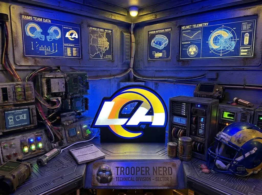 Trooper Nerd custom 3D printed LED lightbox featuring Los Angeles Rams logo with glowing yellow and white details