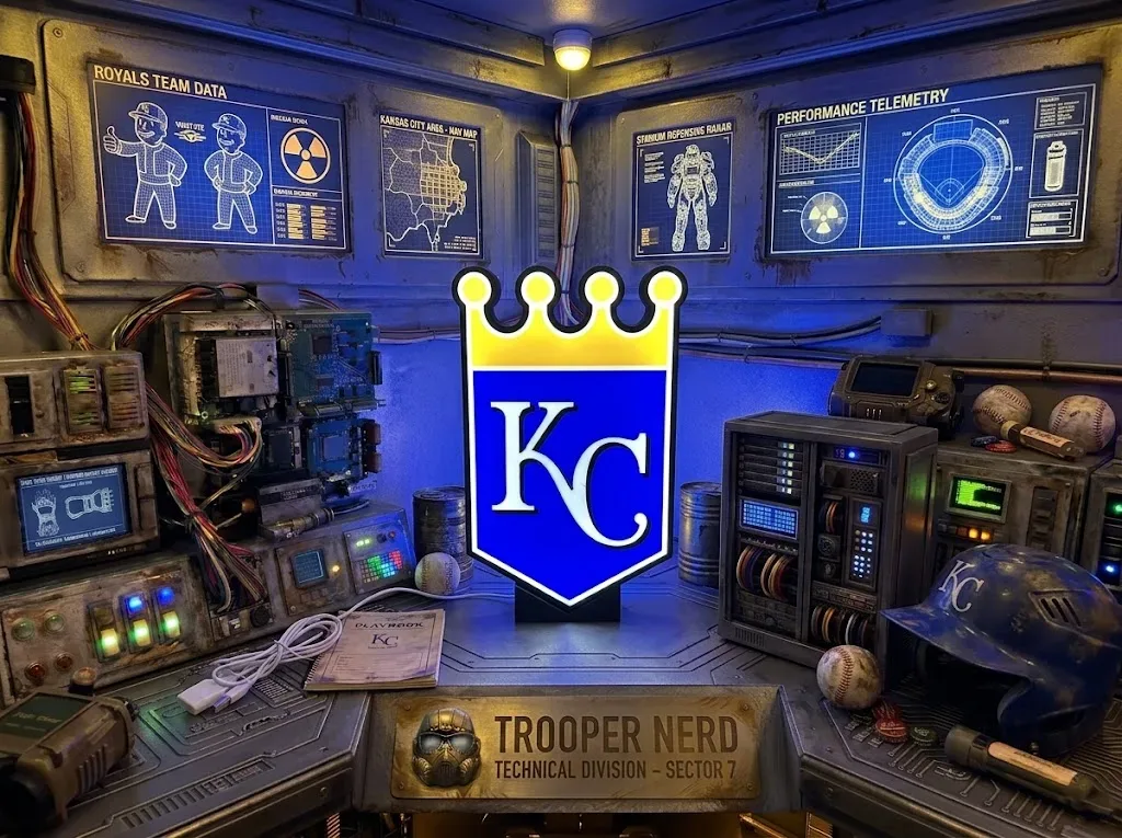Trooper Nerd custom 3D printed LED lightbox featuring Kansas City Royals logo with glowing royal blue and golden yellow details