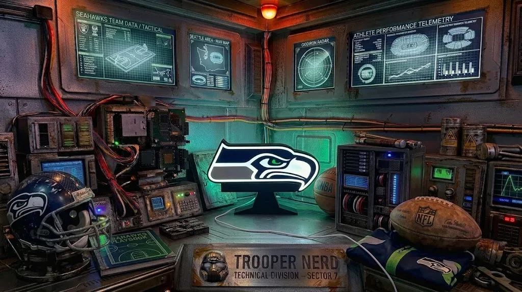 Trooper Nerd custom 3D printed LED lightbox featuring Seattle Seahawks logo with glowing Navy Blue and Action Green details