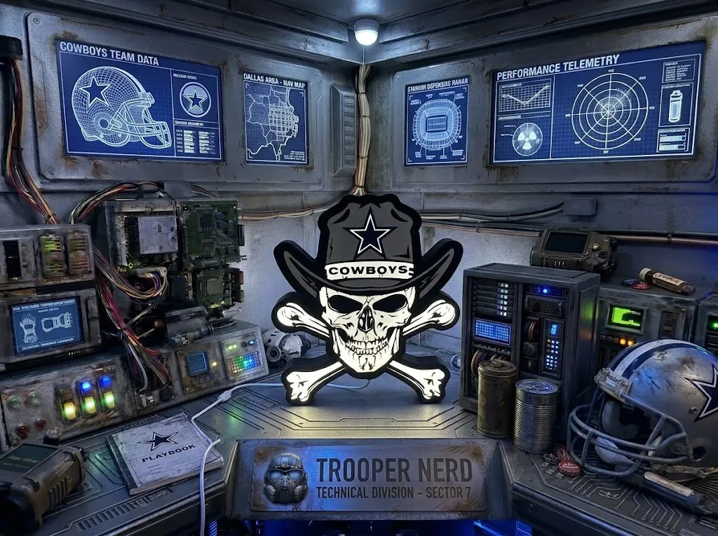 Trooper Nerd custom 3D printed LED lightbox featuring Dallas Cowboys Skull & Crossbones with glowing white and silver details