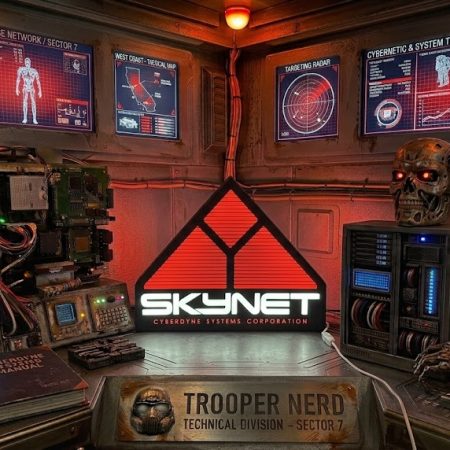 Trooper Nerd custom 3D printed LED lightbox featuring the Skynet Cyberdyne Systems logo with glowing red and white details