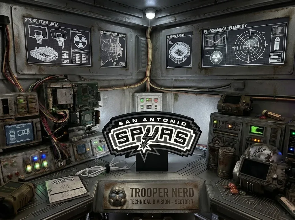 Trooper Nerd custom 3D printed LED lightbox featuring San Antonio Spurs with glowing white and silver details