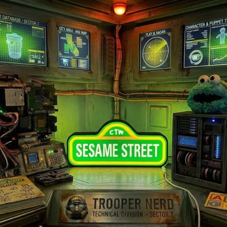 Trooper Nerd custom 3D printed LED lightbox featuring Sesame Street sign with glowing green and yellow details