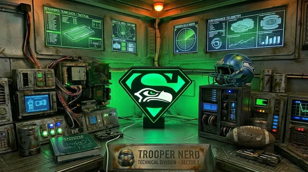 Trooper Nerd custom 3D printed LED lightbox featuring Seattle Seahawks Superman Shield with glowing Action Green and Crisp White details