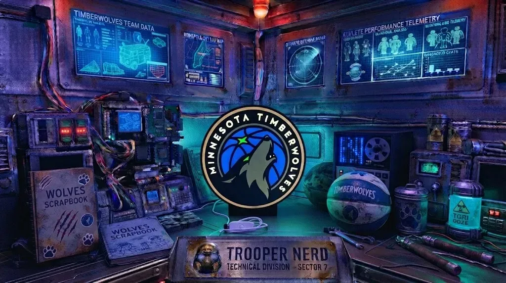 Trooper Nerd custom 3D printed LED lightbox featuring Minnesota Timberwolves logo with glowing blue and green details