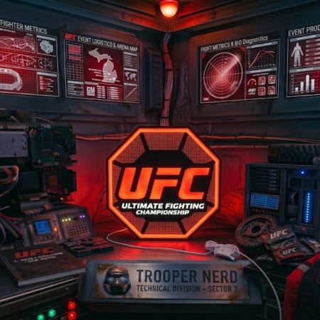 Trooper Nerd custom 3D printed LED lightbox featuring UFC Ultimate Fighting Championship logo with glowing red-orange and white details